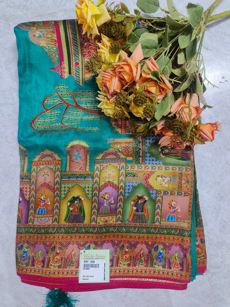 Artistic Magenta Silk Saree with Traditional Kalamkari Motifs and Temple Borders