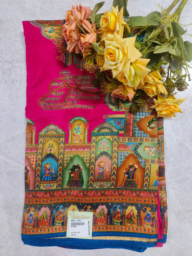 Artistic Magenta Silk Saree with Traditional Kalamkari Motifs and Temple Borders