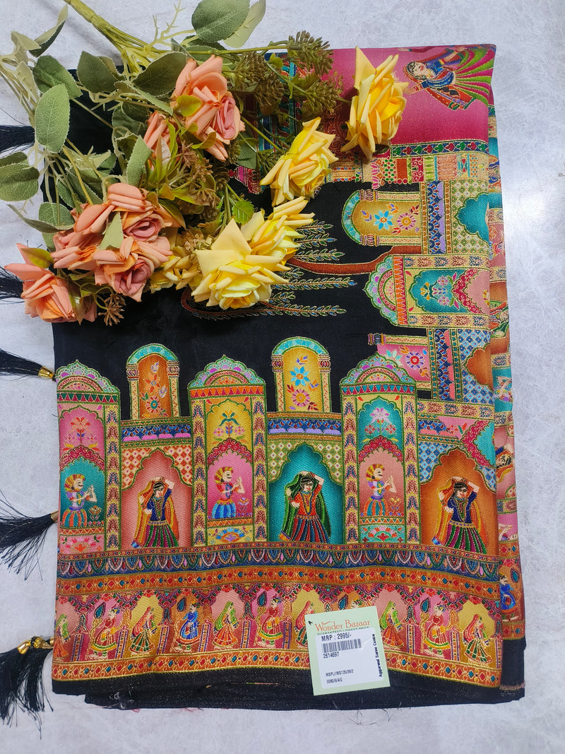 Artistic Magenta Silk Saree with Traditional Kalamkari Motifs and Temple Borders