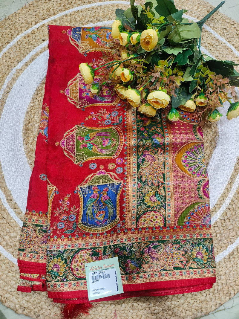 Vibrant Rani Pink Silk Saree with Multi-Color Bird & Cage Motif Border