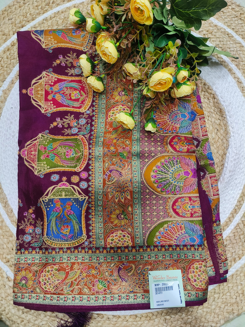 Vibrant Rani Pink Silk Saree with Multi-Color Bird & Cage Motif Border