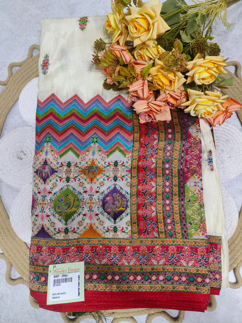 Elegant Cream Silk Blend Saree with Multi-Color Chevron & Peacock Motifs