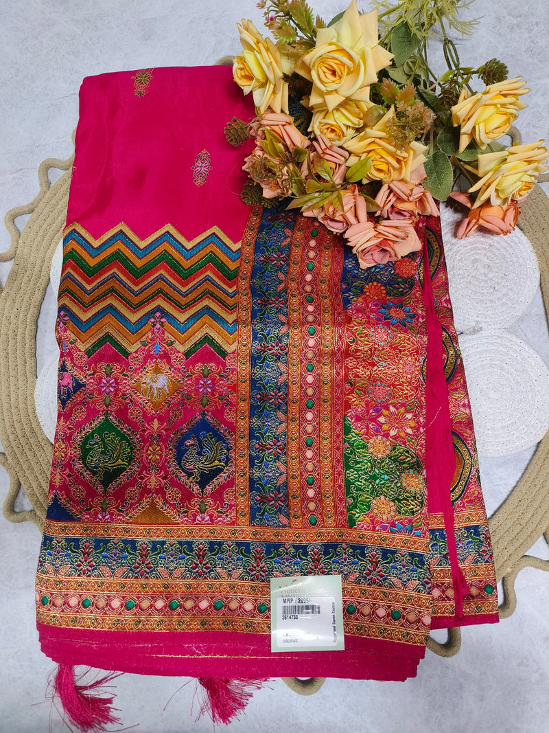 Elegant Cream Silk Blend Saree with Multi-Color Chevron & Peacock Motifs