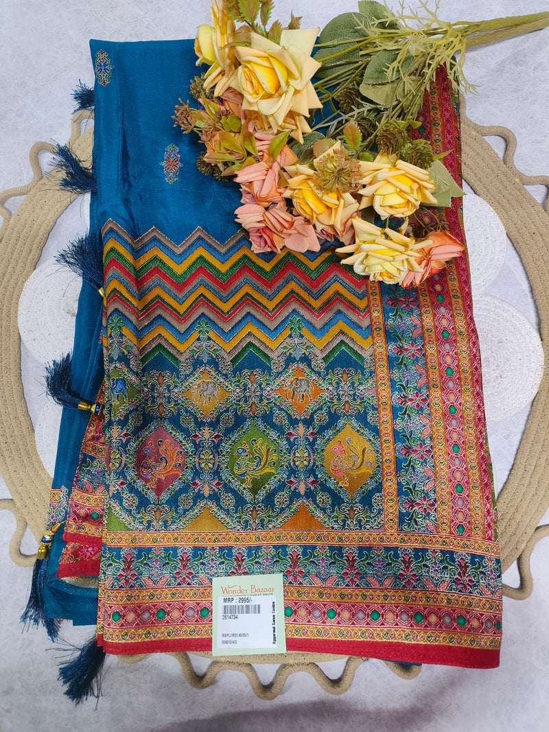 Elegant Cream Silk Blend Saree with Multi-Color Chevron & Peacock Motifs