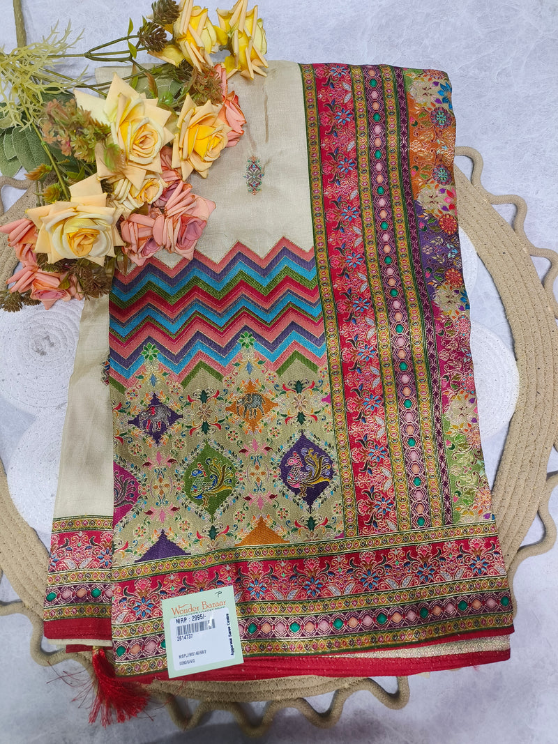 Elegant Cream Silk Blend Saree with Multi-Color Chevron & Peacock Motifs