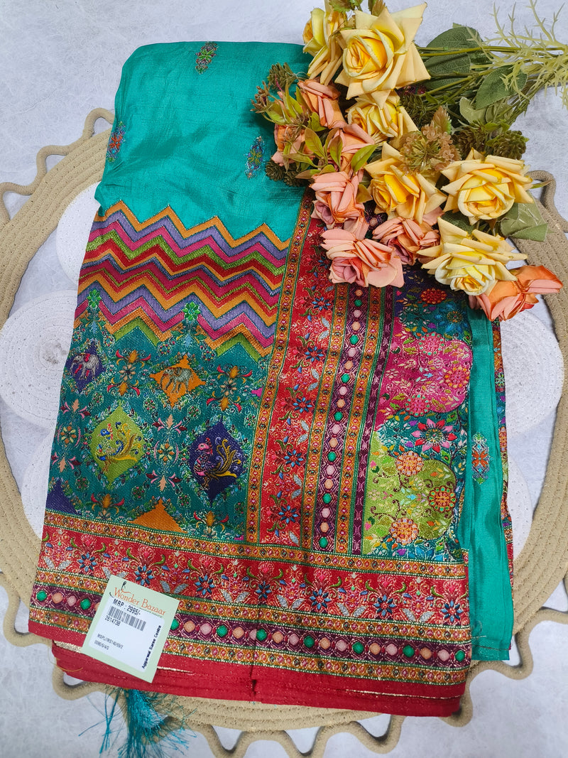 Elegant Cream Silk Blend Saree with Multi-Color Chevron & Peacock Motifs