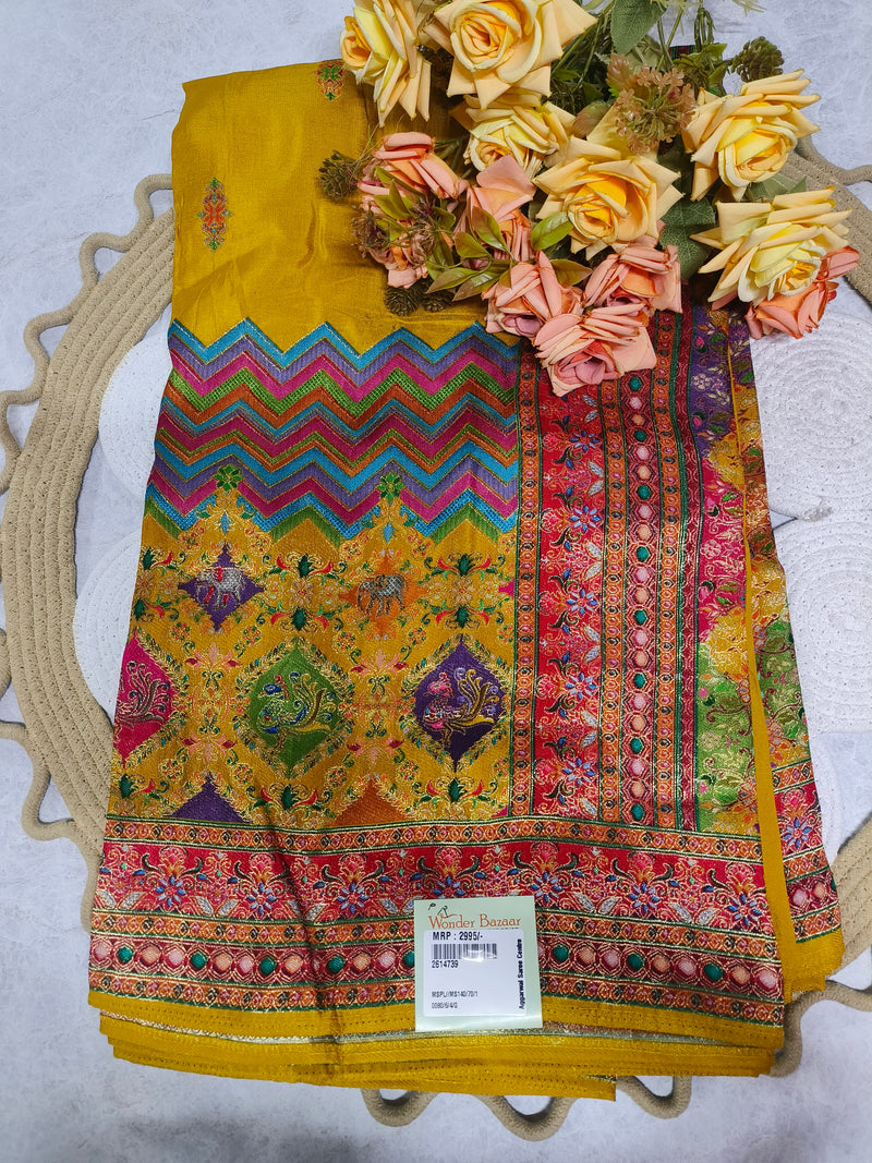 Elegant Cream Silk Blend Saree with Multi-Color Chevron & Peacock Motifs