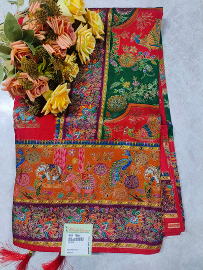 Vibrant Red Art Silk Saree with Traditional Kalamkari Elephant Motifs