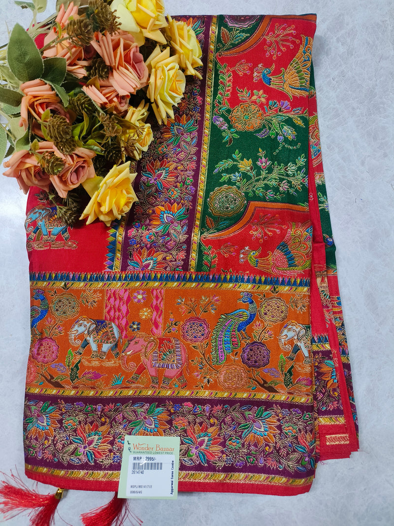 Vibrant Red Art Silk Saree with Traditional Kalamkari Elephant Motifs