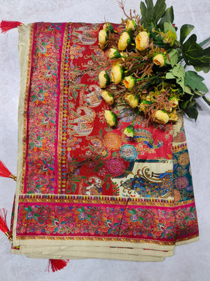 Artistic Multicolored Printed Saree with Peacock and Floral Motifs