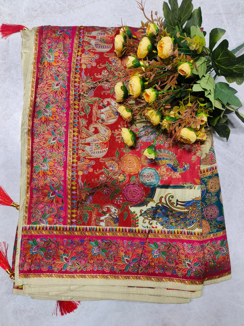 Artistic Multicolored Printed Saree with Peacock and Floral Motifs