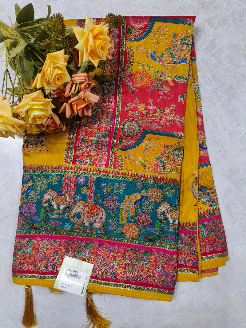Vibrant Red Art Silk Saree with Traditional Kalamkari Elephant Motifs