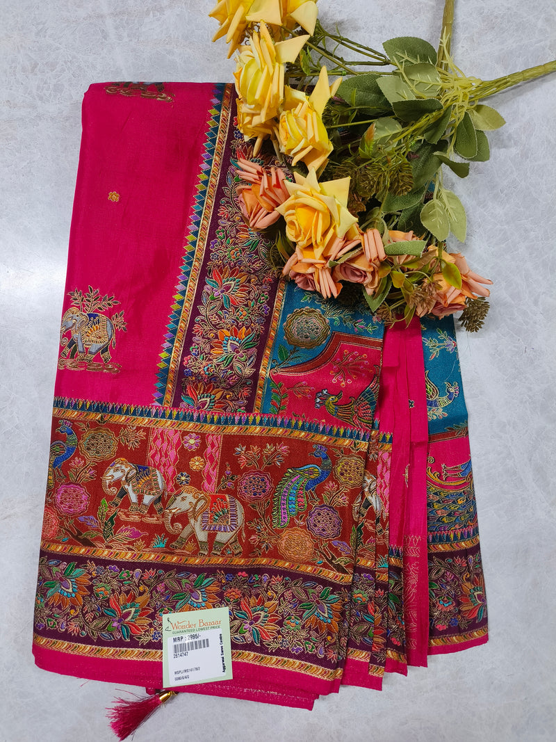 Vibrant Red Art Silk Saree with Traditional Kalamkari Elephant Motifs
