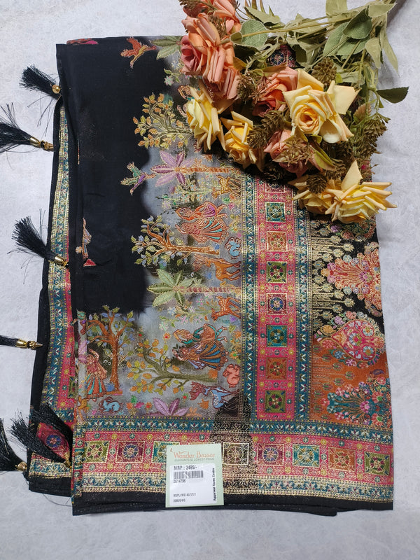 Artistic Black Silk Blend Saree with Traditional Pichwai Nature Prints