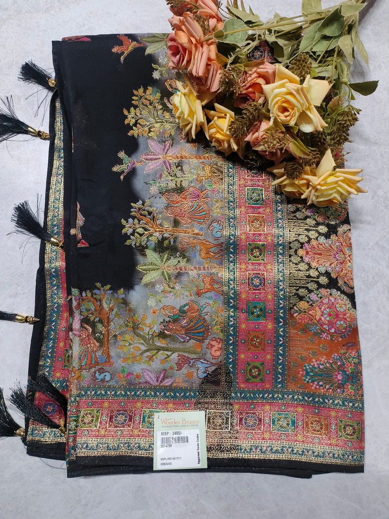 Artistic Black Silk Blend Saree with Traditional Pichwai Nature Prints