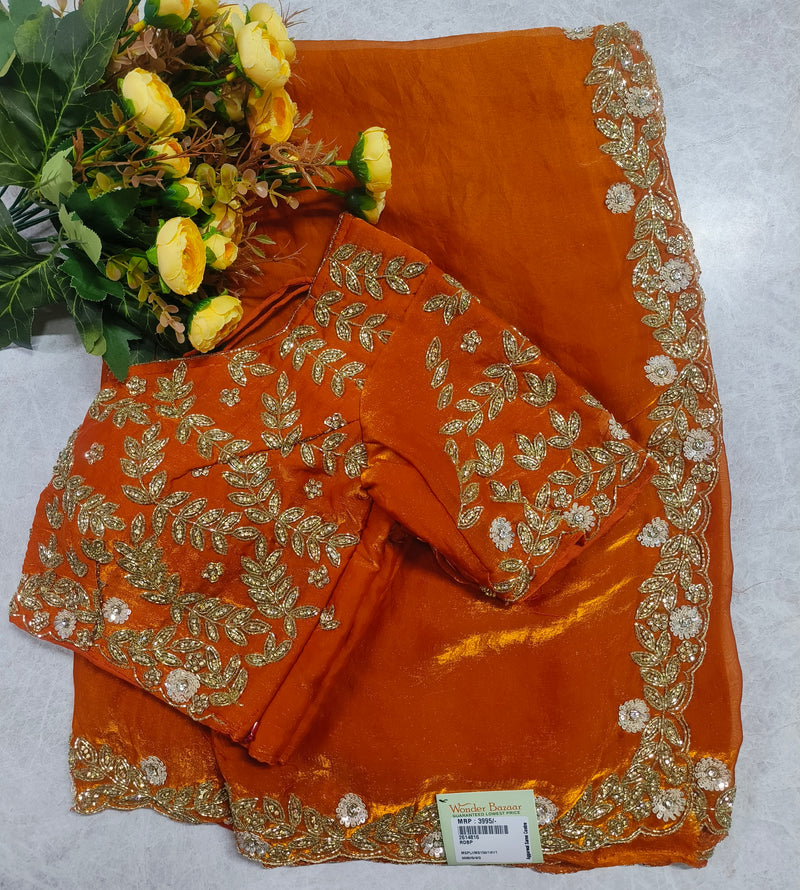 Elegant Burnt Orange Embellished Silk Saree with Heavy Zari Work