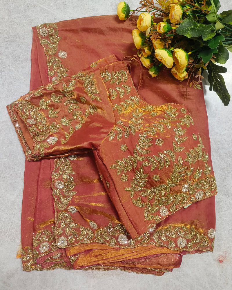 Elegant Burnt Orange Embellished Silk Saree with Heavy Zari Work