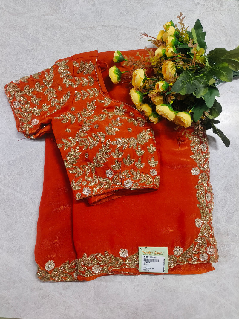 Elegant Burnt Orange Embellished Silk Saree with Heavy Zari Work