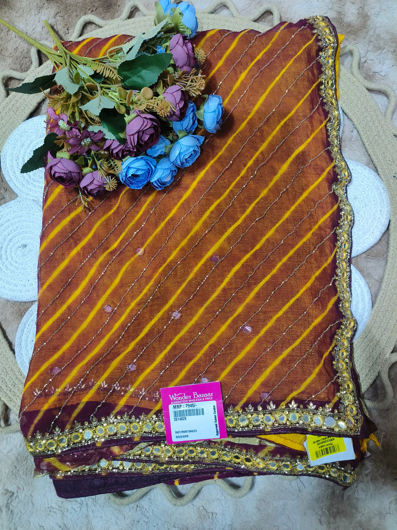 Elegant Amber & Gold Striped Mirror-Work Saree
