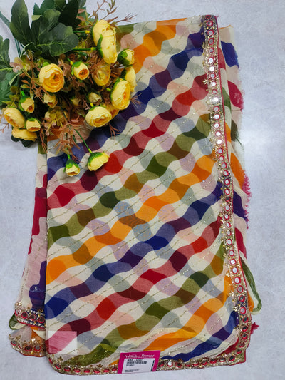 Multicolor Wavy Pattern Mirror-Work Designer Saree