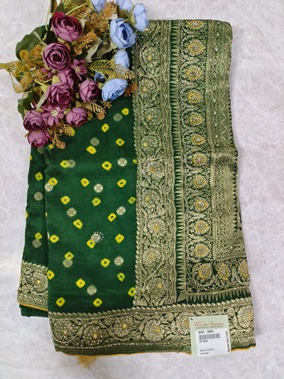 Elegant Emerald Green Bandhani Silk Saree with Intricate Golden Zari Border