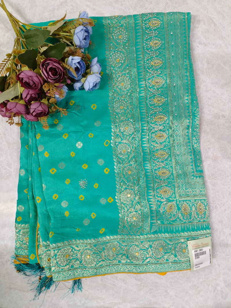 Elegant Emerald Green Bandhani Silk Saree with Intricate Golden Zari Border