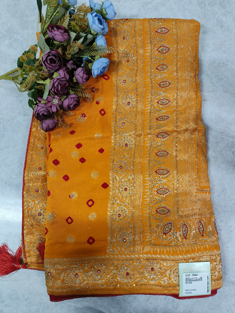 Elegant Emerald Green Bandhani Silk Saree with Intricate Golden Zari Border