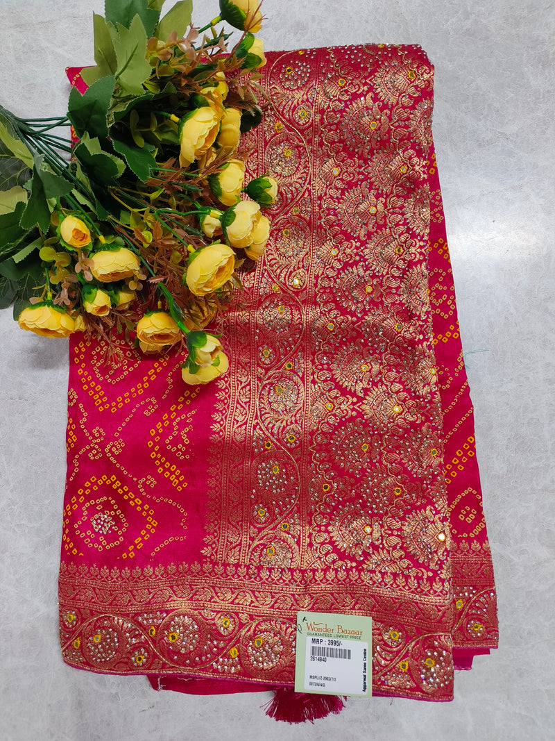 Vibrant Rani Pink Bandhani Saree with Intricate Gold Zari