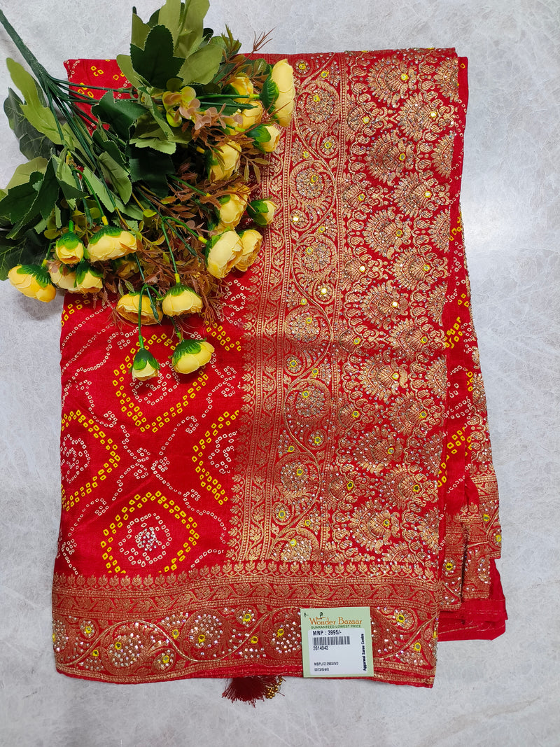 Vibrant Rani Pink Bandhani Saree with Intricate Gold Zari