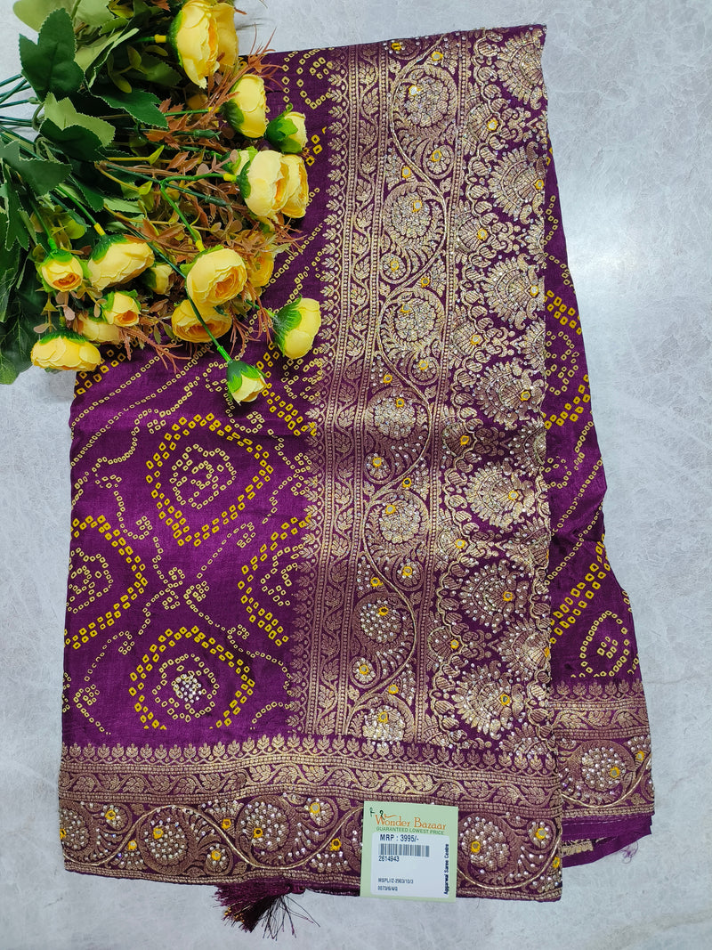Vibrant Rani Pink Bandhani Saree with Intricate Gold Zari