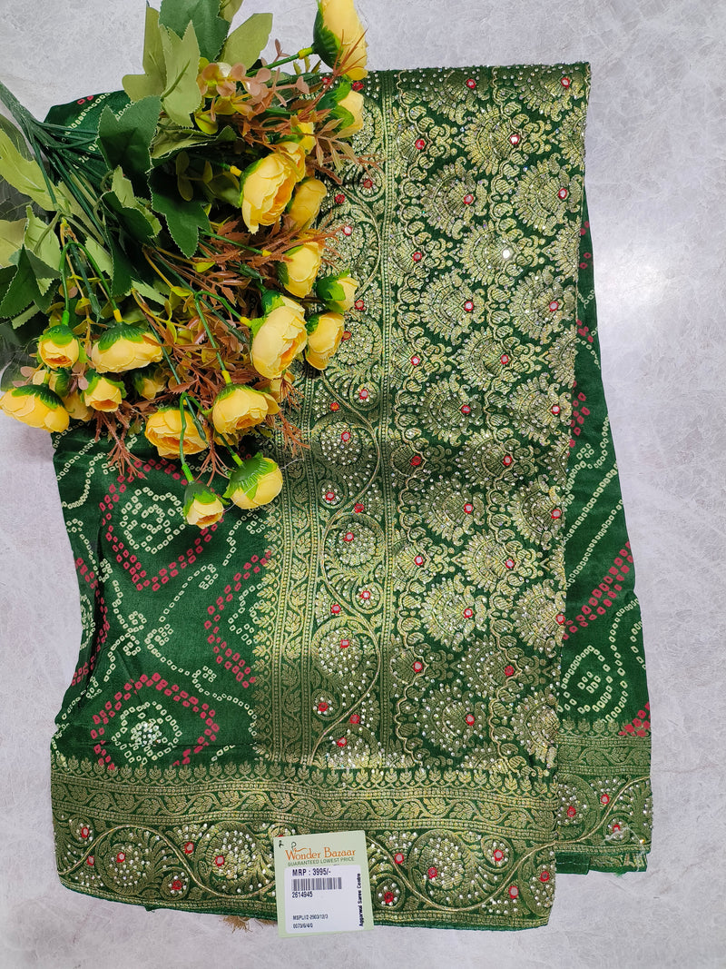 Vibrant Rani Pink Bandhani Saree with Intricate Gold Zari