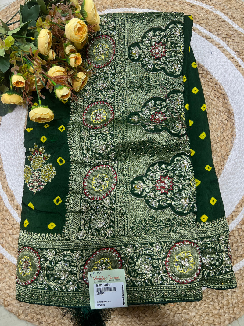 Radiant Sea Green Silk Saree with Intricate Stone and Zari Work