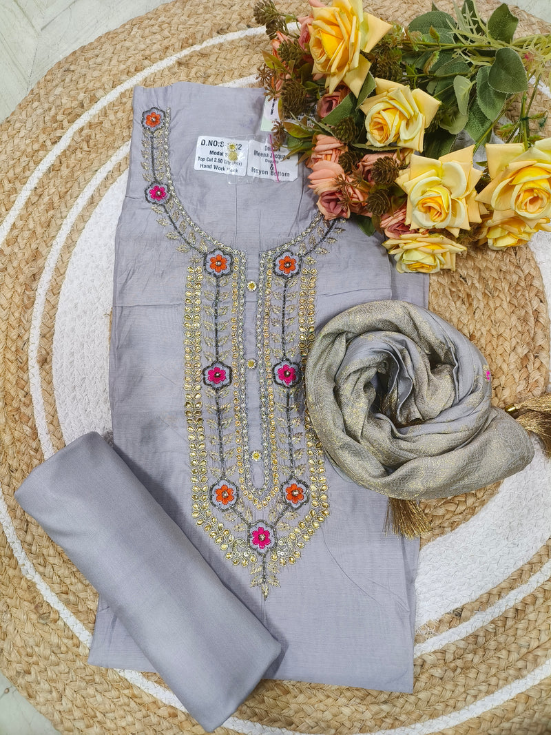 Graceful Grey Modal Silk Suit Set with Intricate Floral Embroidery