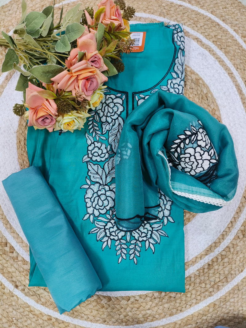 Chic Teal Blue Floral Embroidered Suit with Sheer Dupatta