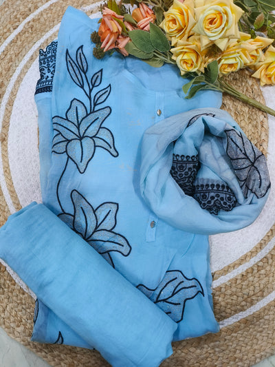 Pastel Sky Blue Floral Embroidered Suit with Elegant Accents