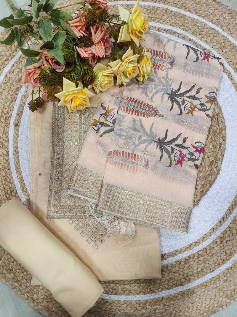 Regal Peach and Floral Print Unstitched Suit with Zari Border