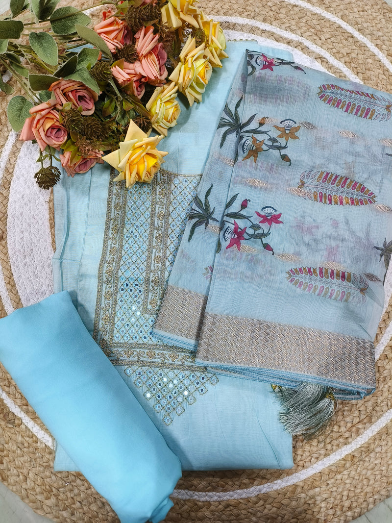 Regal Peach and Floral Print Unstitched Suit with Zari Border