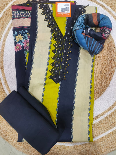 Stylish Lime Green and Navy Striped Suit with Embellished Lace