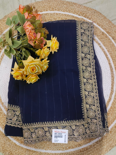 Royal Navy Blue Designer Saree with Intricate Zari Border