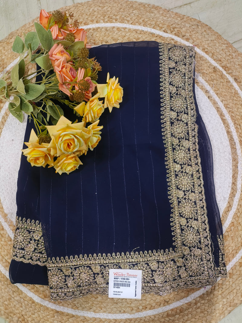 Royal Navy Blue Designer Saree with Intricate Zari Border