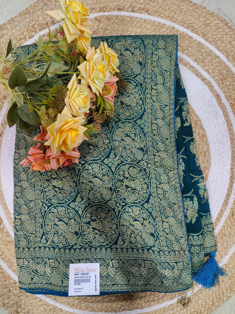 Opulent Teal Green Zari Woven Saree with Tassel Details
