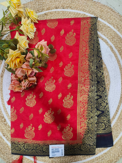 Bold Red & Black Dual-Tone Designer Saree with Gold Weaves