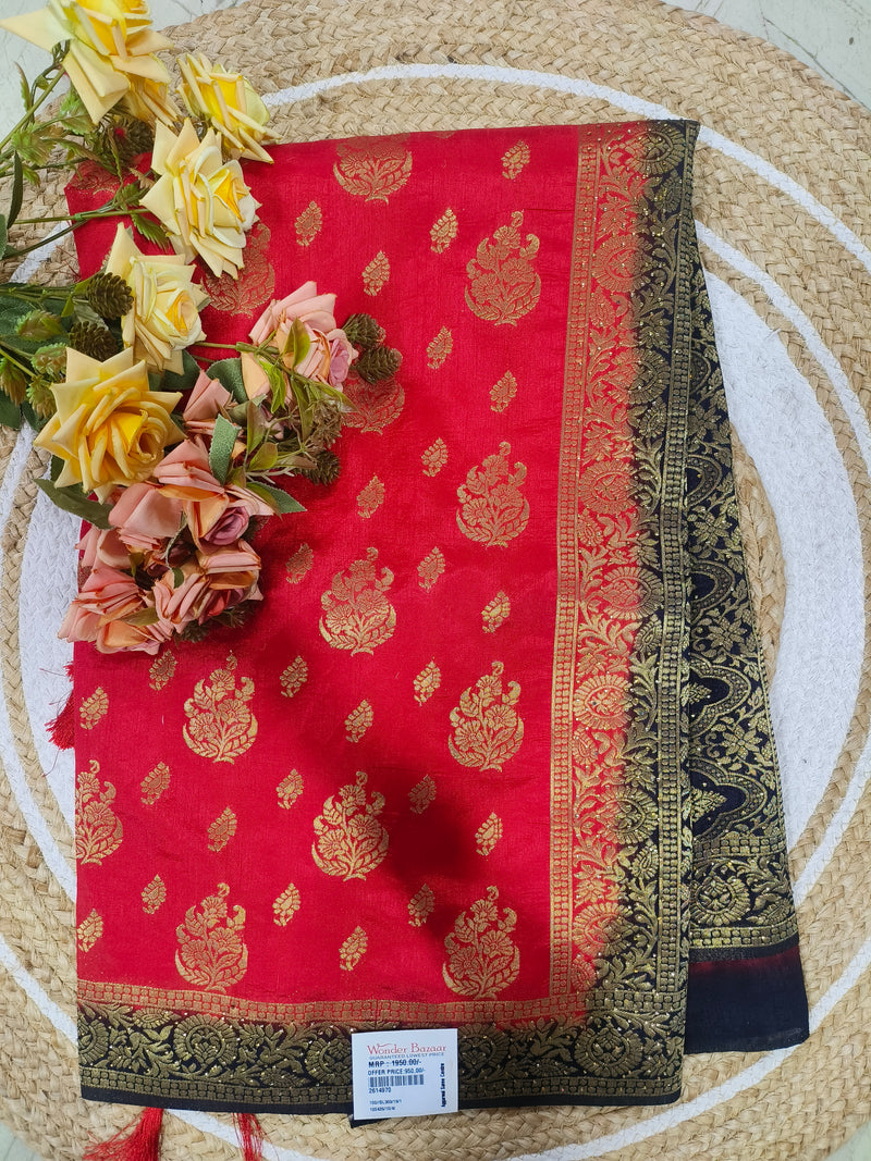 Bold Red & Black Dual-Tone Designer Saree with Gold Weaves