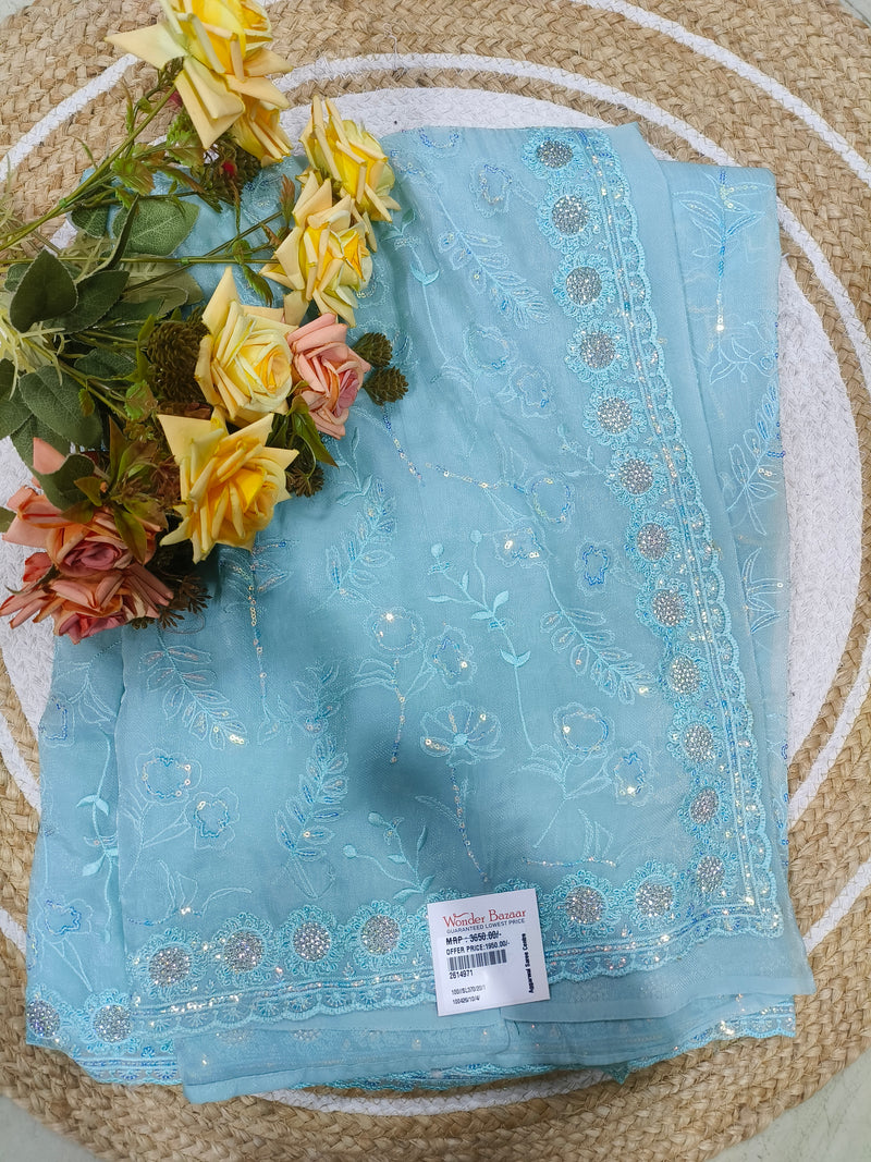 Dreamy Sky Blue Embroidered Saree with Sequins Work