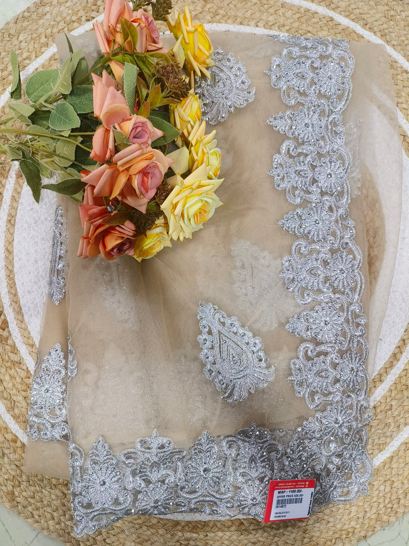 Classic Beige & Silver Embellished Net Saree