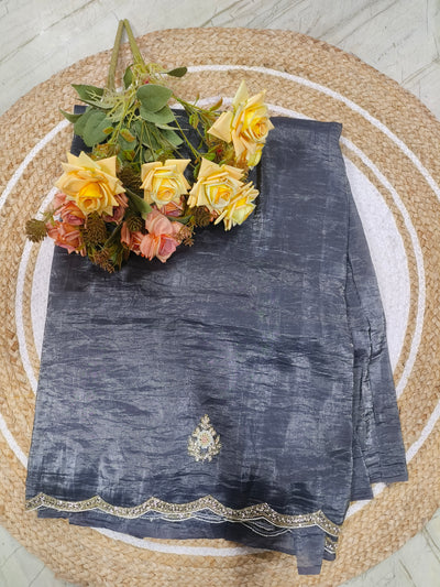 Sophisticated Charcoal Grey Shimmer Saree with Floral Motif
