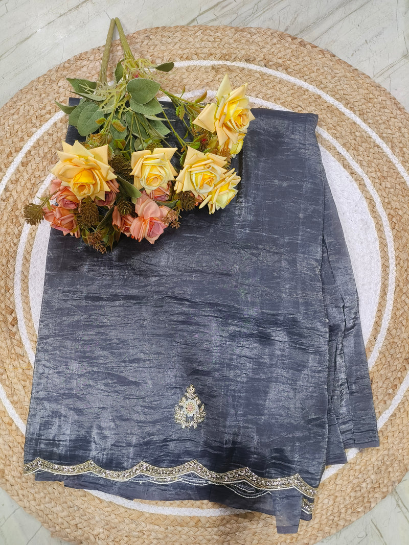 Sophisticated Charcoal Grey Shimmer Saree with Floral Motif