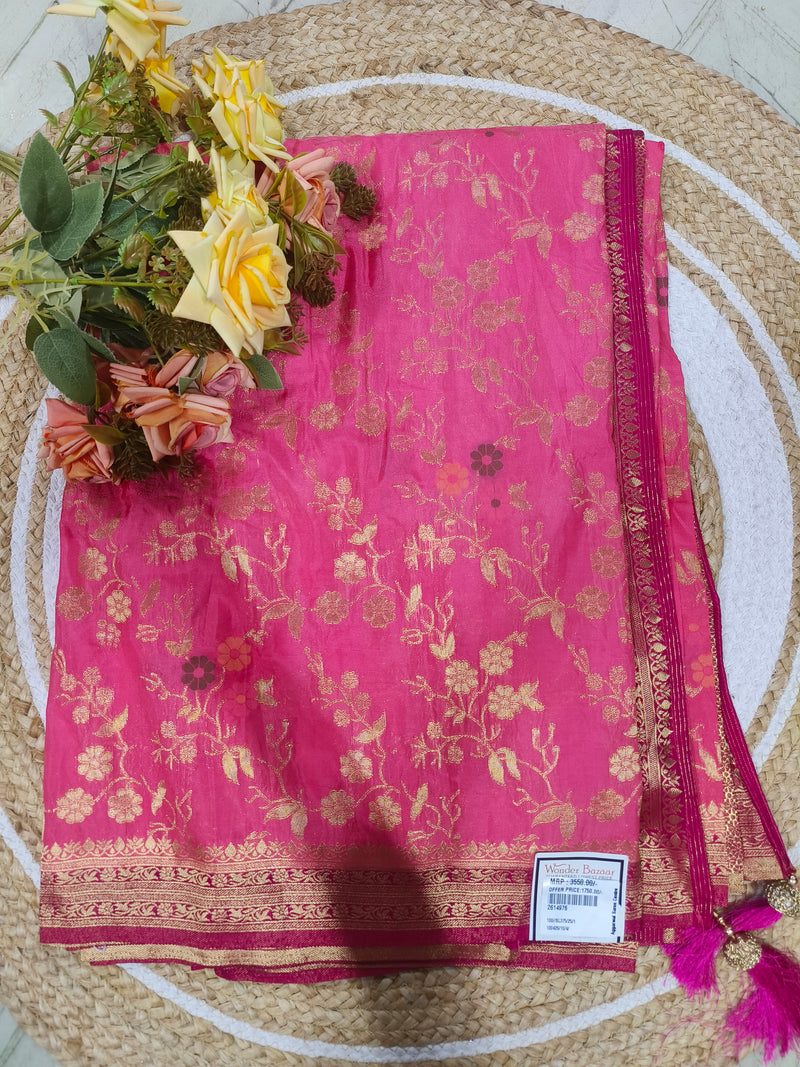 Chic Hot Pink Floral Silk Saree with Antique Gold Border