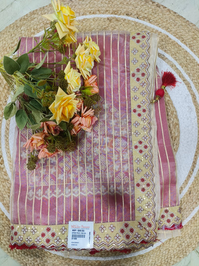 Classic Mauve Striped Saree with Intricate Floral Border
