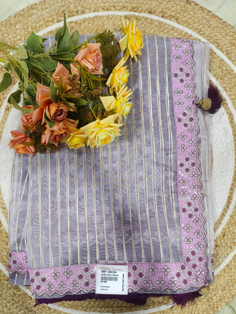 Classic Mauve Striped Saree with Intricate Floral Border
